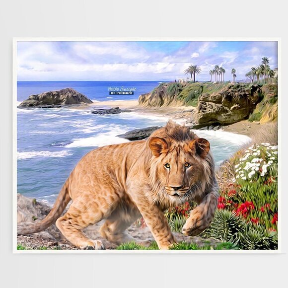 16x20 Lion Beach Ocean Landscape Fantasy Art Watercolor‎ Oil Painting Poster - Picture 1 of 6